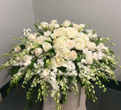 white casket spray funeral chicago flowers