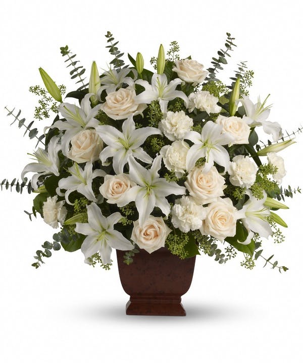 white roses lilies basket flower delivery funeral sympathy Chicago, IL